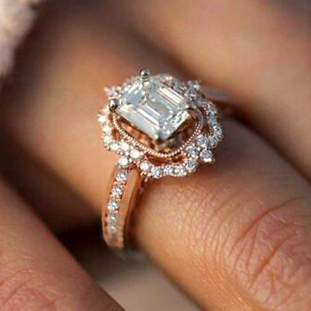 Romantic Rose Gold Emerald Cut Halo Engagement Ring: Christmas Sale
